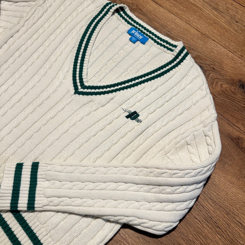 Prince Pickleball Cream Green Cable Knit V-Neck Sweater Womens Size Small